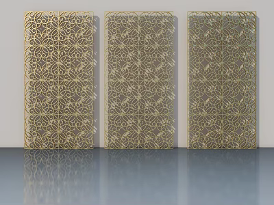 Elegant Three Swing Doors With Intricate Golden Decorative Patterns 3d model