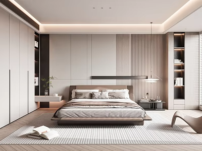 Modern Bedroom Interior With Platform Bed Built In Wardrobe Area Rug And Bookshelf 3d model
