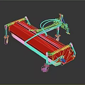 Red And Yellow Mechanical Device With Metal Frame Wheels And Connecting Pipes