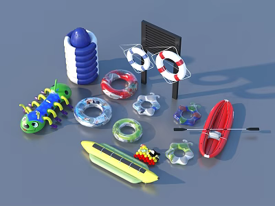 Colorful Water Living Supplies With Inflatable Rings Kayak And Swim Toys 3d model