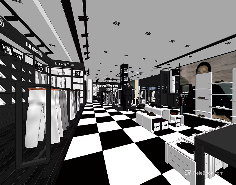 Modern Clothing Store Interior With Clothing Racks Display Tables And Black White Checkered Floor 3d model 
