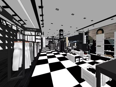 Modern Clothing Store Interior With Clothing Racks Display Tables And Black White Checkered Floor 3d model