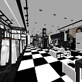 Modern Clothing Store Interior With Clothing Racks Display Tables And Black White Checkered Floor