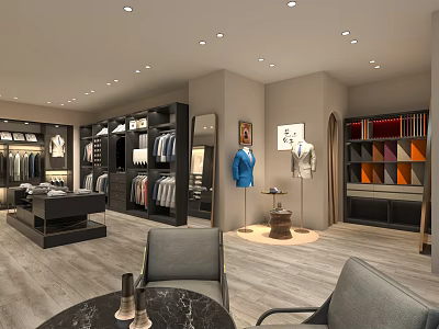 Modern Clothing Boutique Interior With Apparel Racks Mirror Display And Seating Area 3d model