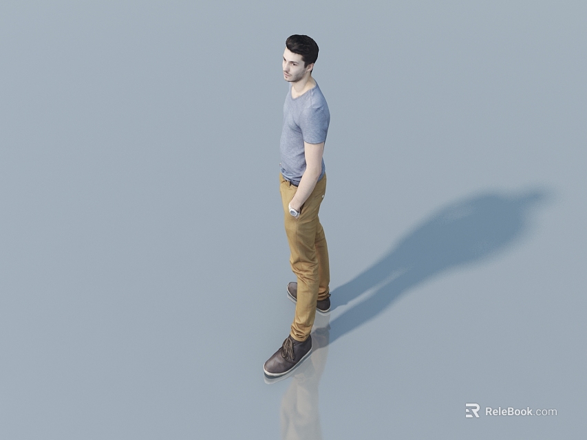 Man in Gray T-shirt Khaki Pants Brown Shoes Standing on Gray Floor with Reflection Shadow 3d model 
