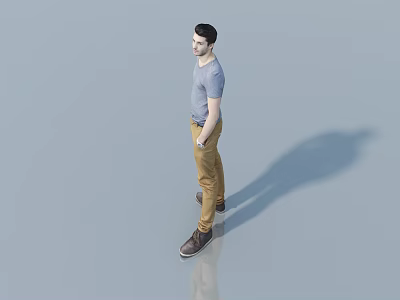 Man in Gray T-shirt Khaki Pants Brown Shoes Standing on Gray Floor with Reflection Shadow 3d model