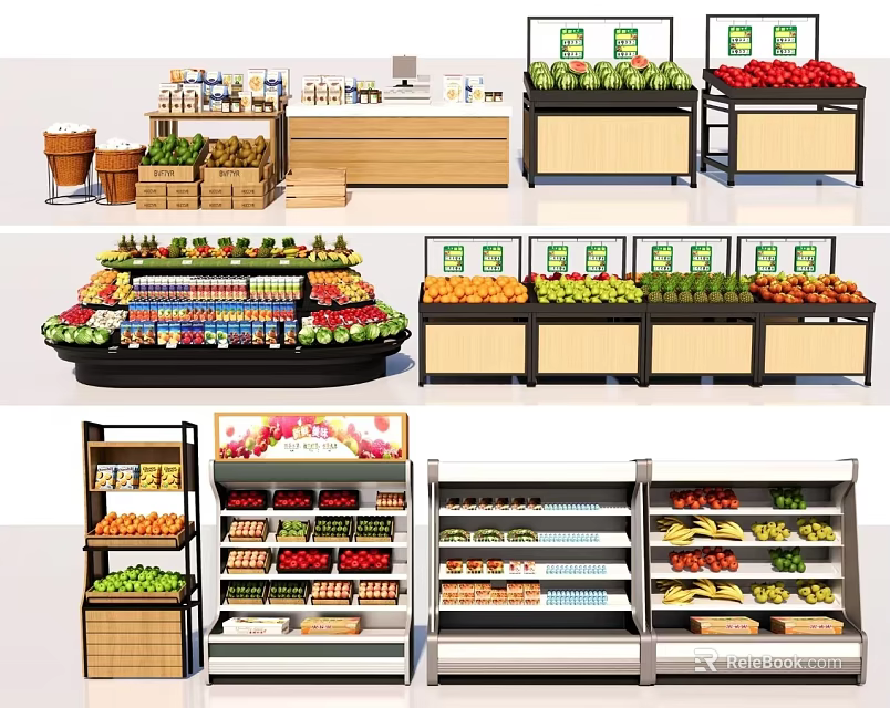 Supermarket Fruit Shelves Display Various Fresh Assorted Fruits And Vegetables 3d model 