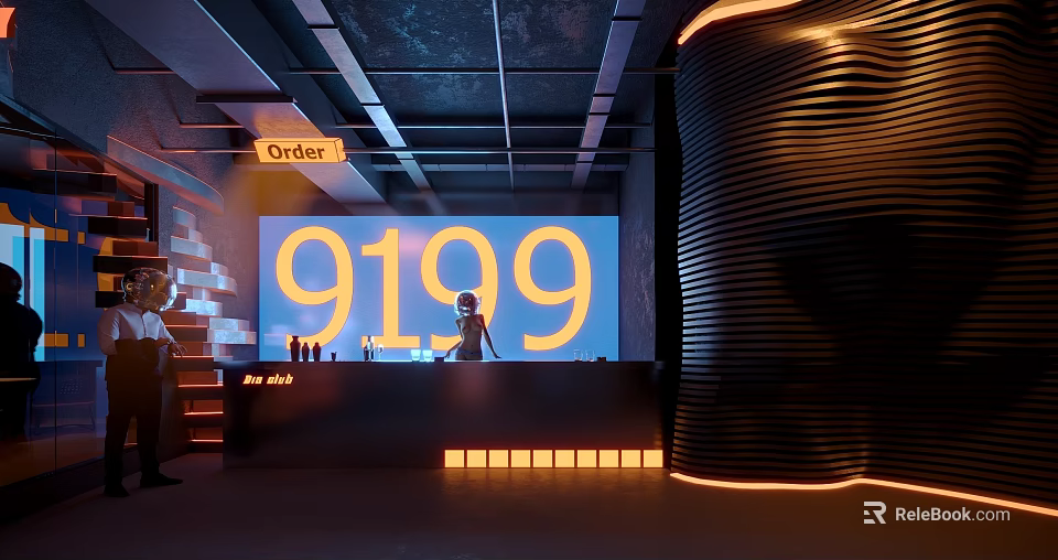 Modern Bar Interior Featuring Large Screen Displaying 9199 And Order Sign 3d model 