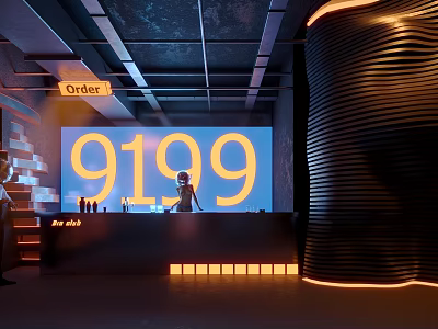 Modern Bar Interior Featuring Large Screen Displaying 9199 And Order Sign 3d model