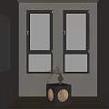 Interior With Two Dark Framed Windows Frosted Glass Brown Wall Black Cabinet Red Floral Vase