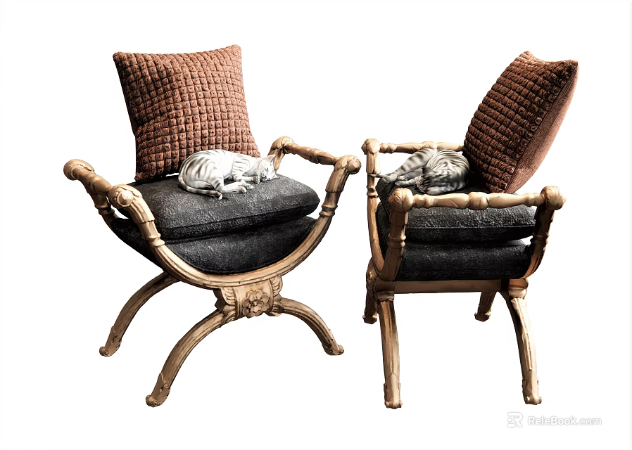 Accent Chairs Set of Two with Rattan Frame Dark Cushions and Brown Pillows 3d model 