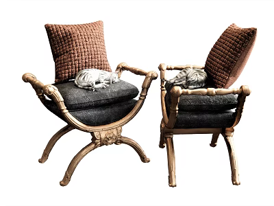 Accent Chairs Set of Two with Rattan Frame Dark Cushions and Brown Pillows 3d model