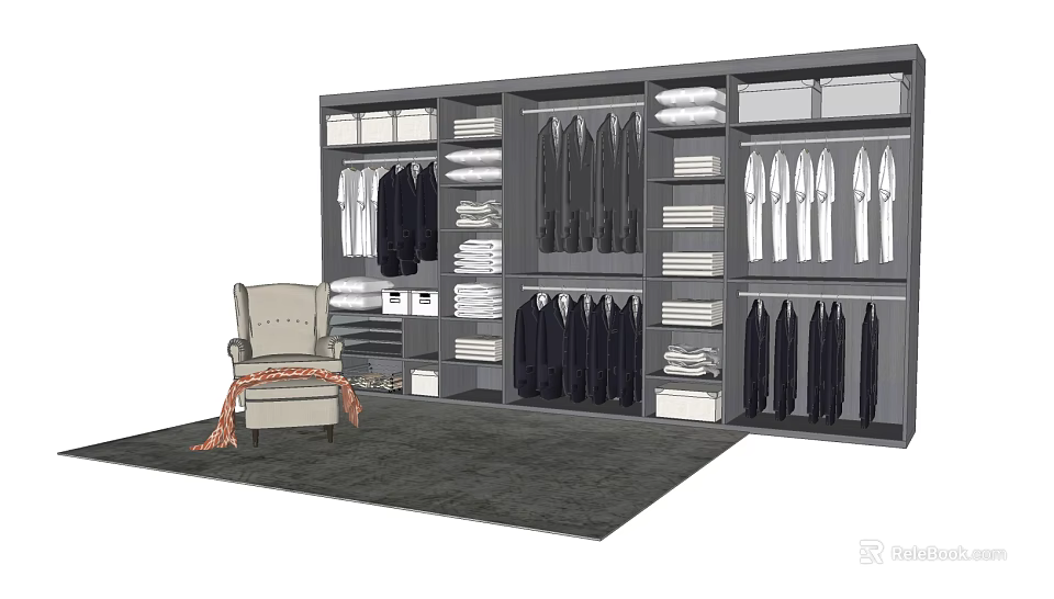 Modern Wardrobe Interior Design With Hanging Suits Folded Clothes Storage Shelves And Drawers 3d model 