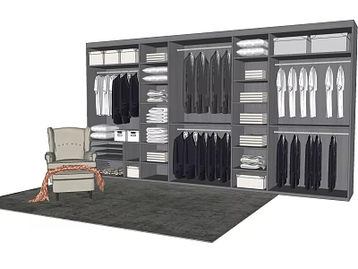Modern Wardrobe Interior Design With Hanging Suits Folded Clothes Storage Shelves And Drawers 3d model