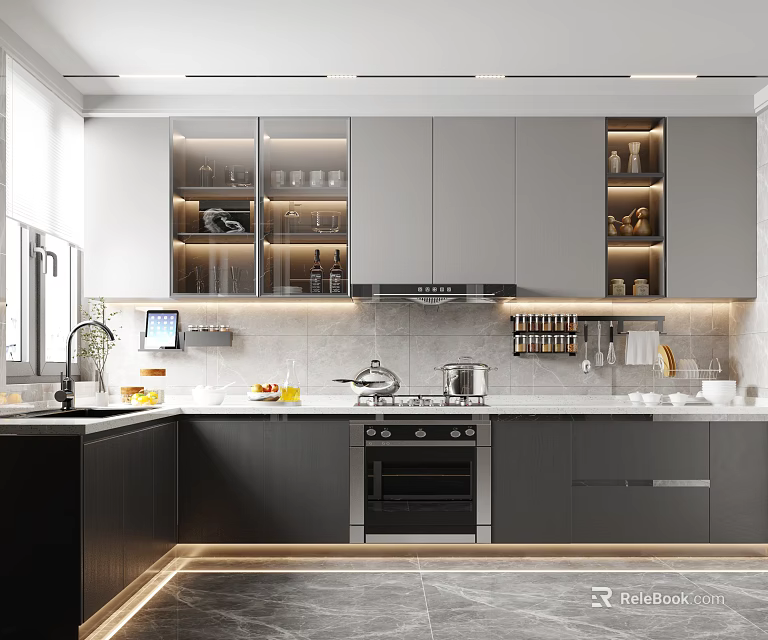 Modern Kitchen Interior With Grey Cabinets Recessed Lighting And Stainless Steel Appliances 3d model 