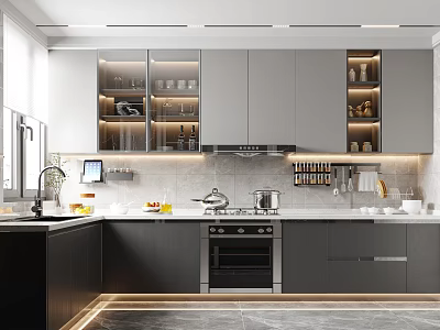 Modern Kitchen Interior With Grey Cabinets Recessed Lighting And Stainless Steel Appliances 3d model