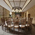 Warm Rustic Restaurant Interior With Wooden Tables Chairs Chandeliers And Indoor Tree