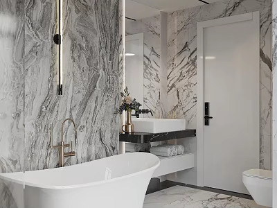 Modern Bathroom Interior With Marble Walls White Freestanding Bathtub And Gold Faucet 3d model