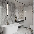 Modern Bathroom Interior With Marble Walls White Freestanding Bathtub And Gold Faucet