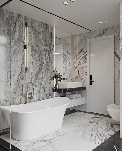 Modern Bathroom Interior With Marble Walls White Freestanding Bathtub And Gold Faucet 3d model