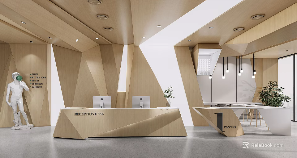 Modern Office Lobby With Wooden Geometric Reception Desk Two Computers And Hanging Lights 3d model 