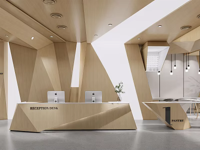 Modern Office Lobby With Wooden Geometric Reception Desk Two Computers And Hanging Lights 3d model