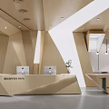 Modern Office Lobby With Wooden Geometric Reception Desk Two Computers And Hanging Lights
