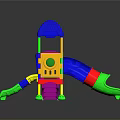 Kids Vibrant Playground Structure With Blue Canopy And Green Yellow Pink Slides