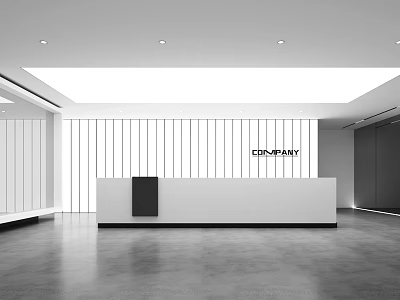Modern Minimalist Reception Desk With Company Logo Vertical Striped Wall And Bright Open Space 3d model