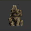 Wooden Elephant Sculpture In Sitting Posture With Curled Trunk And Detailed Texture