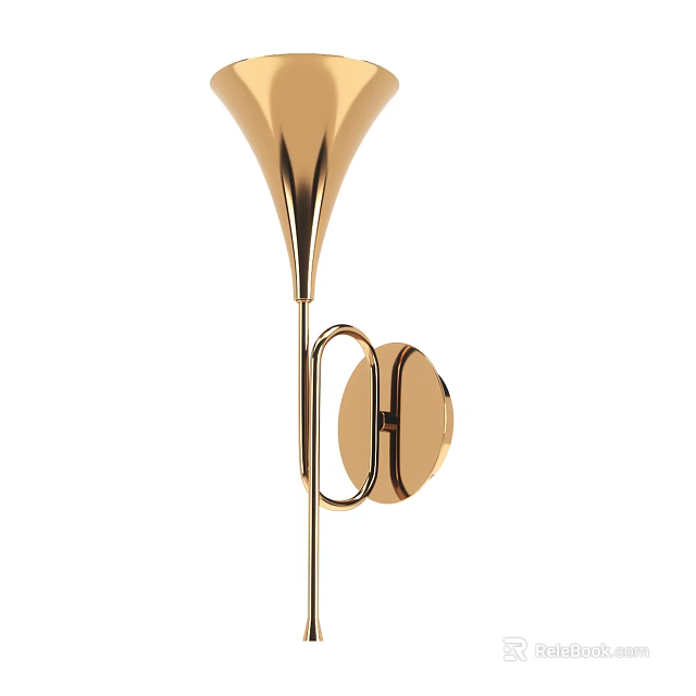 Golden Trumpet Shaped Wall Light With Circular Mounting Base And Sleek Design 3d model 