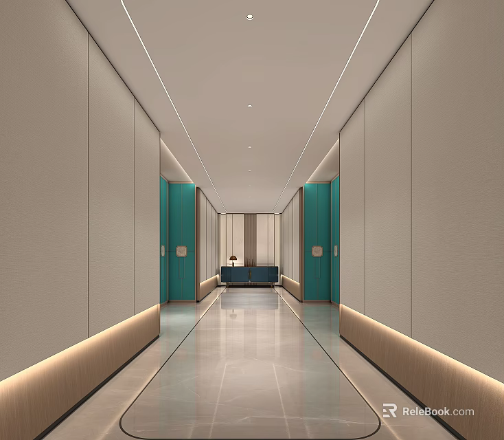 Modern Office Corridor With Green Doors Light Colored Walls Sleek Floor And Recessed Lighting 3d model 