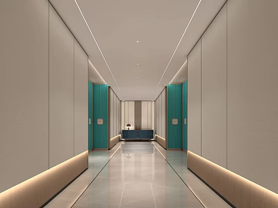 Modern Office Corridor With Green Doors Light Colored Walls Sleek Floor And Recessed Lighting 3d model