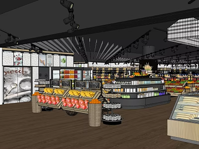 Supermarket Department Store Interior With Fresh Fruit Displays And Organized Product Shelves 3d model