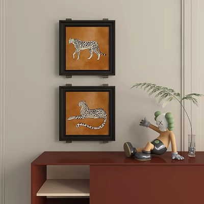 Contemporary Abstract Painting Display On Wall With Framed Art And Decorative Plant Figurine 3d model