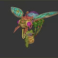 Mechanical Insect With Transparent Wings Green Orange Leaf And Flower Decorative Design