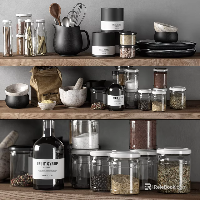 Kitchen Utensils Organized on Wooden Shelves with Black Jug Glass Jars Spices Mortar and Bowls 3d model 