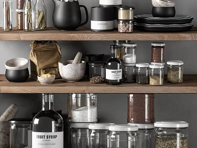 Kitchen Utensils Organized on Wooden Shelves with Black Jug Glass Jars Spices Mortar and Bowls 3d model