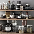 Kitchen Utensils Organized on Wooden Shelves with Black Jug Glass Jars Spices Mortar and Bowls