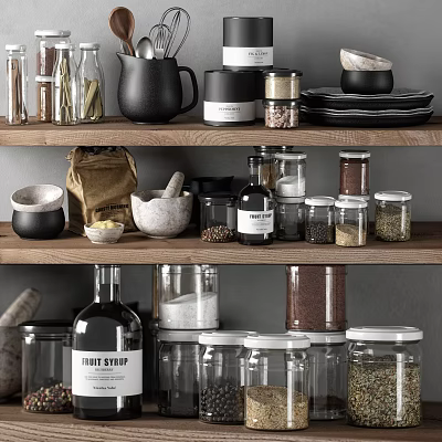 Kitchen Utensils Organized on Wooden Shelves with Black Jug Glass Jars Spices Mortar and Bowls 3d model