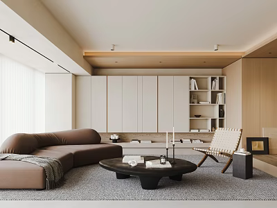 Modern Minimalist Living Room Interior With Brown Sofa Round Coffee Table And Bookshelf 3d model