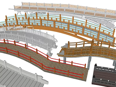 Various Landscape Bridge Designs With Curved Structure And Wooden Railings 3d model