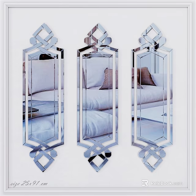 Decorative Mirrors with Geometric Pattern Frames Wall Mounted Reflecting Sofa and Pillows in Living Room 3d model 