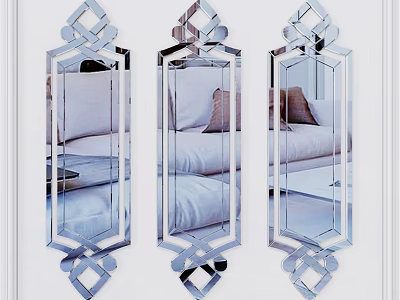 Decorative Mirrors with Geometric Pattern Frames Wall Mounted Reflecting Sofa and Pillows in Living Room 3d model