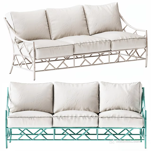 Stylish Multi-Seat Sofa With Wicker Frame Beige Cushions And White Teal Frames 3d model