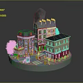 Cartoon Town Scene With Colorful Buildings Street Pedestrians Trees And Shops