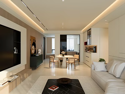 Modern Living and Dining Room Interior With White Sofa Black Coffee Table and Dining Chairs 3d model