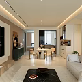 Modern Living and Dining Room Interior With White Sofa Black Coffee Table and Dining Chairs