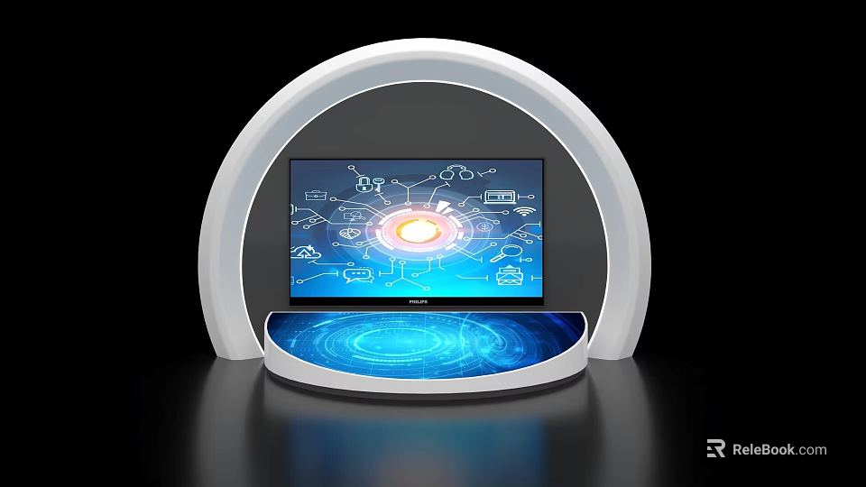 Modern Display Island With White Curved Structure Central Screen Glowing Circle And Blue Glowing Countertop 3d model 