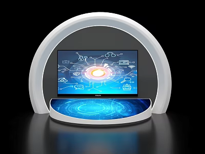 Modern Display Island With White Curved Structure Central Screen Glowing Circle And Blue Glowing Countertop 3d model
